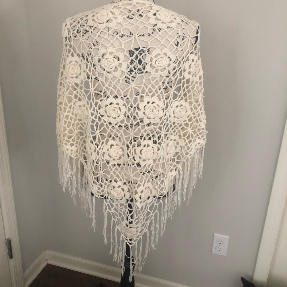Vintage Crochet Fringed Shaw Triangle Scarf Wrap Handmade
